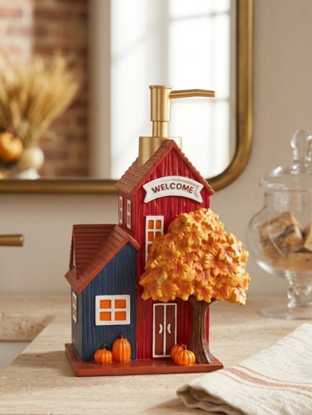 Fall Barn Soap Dispenser Welcome Pumpkin Autumn Thanksgiving Halloween Decor.